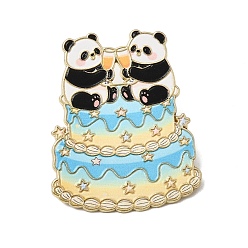 Sky Blue Printed Alloy Enamel Pins, Alloy Lapel Pin Backs for Backpack Clothes, Panda Toasting on Birthday Cake, Golden, Sky Blue, 34x28mm