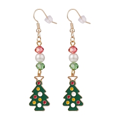 Colorful Enamel Christmas Tree with Glass Pearl Dangle Earrings, Gold Plated Brass Jewelry for Women, Colorful, 65mm, Pin: 0.8mm