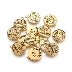 Antique Golden Tibetan Style Alloy Pendants, Cadmium Free & Lead Free, Flat Round with Mixed Constellation/Zodiac Sign, Antique Golden, 20x17x2mm, Hole: 2mm, about 175pcs/500g