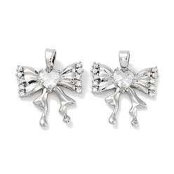 Platinum Brass Micro Pave Cubic Zirconia Pendants, Bowknot Charms, Cadmium Free & Nickel Free & Lead Free, Platinum, 17x17.5x3.5mm, Hole: 2.8x4.2mm