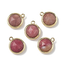 Родонит Плоские круглые ограненные подвески из натурального родонита, с латунными накладками на стойку, долговечный, золотые, 14.5x12x5.5 мм, отверстие : 1.4 мм