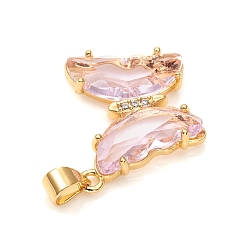 Pink Glass Pendants, with Brass Clear Micro Pave Cubic Zirconia, Butterfly, Golden, Pink, 24x21x4mm, Hole: 5.5x3.5mm