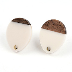 Creamy White Opaque Resin & Walnut Wood Stud Earring Findings, with 304 Stainless Steel Pin, Teardrop, Creamy White, 17x13mm, Hole: 1.8mm, Pin: 0.7mm