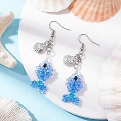 Темно-Голубой Рыба в форме ракушки 304 серьги-подвески из нержавеющей стали и стеклянных бусин, с подвесками из сплава в тибетском стиле и нейлоновой проволокой из рыболовной нити, античное серебро, глубокое синее небо, 65x15 мм