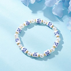 Синий Браслеты из искусственного жемчуга ручной работы с печатью и АБС-пластиком, колонка, со сплавом, синие, бусины : 8 мм, внутренний диаметр: 2-3/8 дюйм (6.05 см)