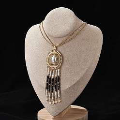 Черный Богемный 304 ожерелья из нержавеющей стали и искусственного жемчуга с овальными подвесками, стеклянные бусины кисточки ожерелья для женщин, реальный 18 k позолоченный, чёрные, 27.80 дюйм (70.6 см)