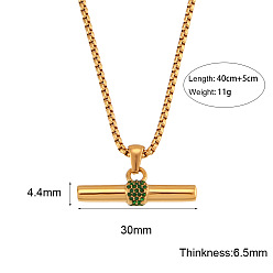 Emerald 304 Stainless Steel Rhinestone T Bar Pendant Necklaces for Women, Real 18K Gold Plated, Emerald, 15.75 inch(40cm)