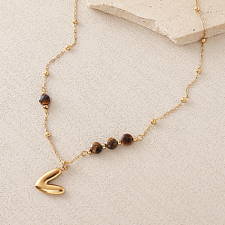 Letter V European Faceted Natural Tiger Eye 304 Stainless Steel Alphabet Pendant Necklaces, Golden, Letter V, 18.90 inch(48cm)