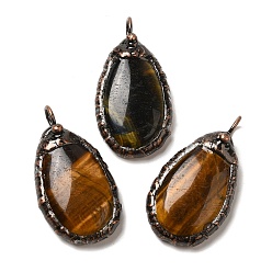 Тигровый глаз Природных тигровый глаз подвески, подвески-слезинки из латуни цвета красной меди, 38x20.5x7.5~8 мм, отверстие : 5 мм