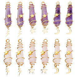 Золотой 12 шт. 6 стили натуральный аметист и розовый кварц заостренные медные проволоки обернутые граненые пули большие подвески, металлические подвески в виде луны, звезды, молнии, золотые, 49~51x10~10.5x11~12 мм, отверстие : 3.5 мм, 2 шт / стиль