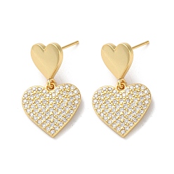 Real 16K Gold Plated Brass Pave Clear Cubic Zirconia Stud Earrings for Women, Heart, Real 16K Gold Plated, 28.5x17mm