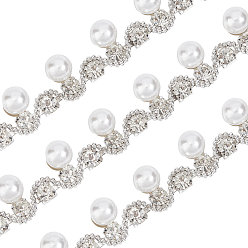 Crystal Iron & Glass Rhinestone Cup Chains, with Plastic Pearls Beads, Wedding Dress Decorative Chains, with Card Paper, Crystal, 18mm, about 1 yard(0.91m)/Bag