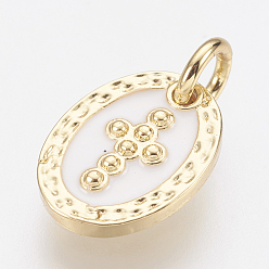 Golden Brass Enamel Charms, Lead Free & Cadmium Free, Oval with Cross, Golden, 12x9x2mm, Hole: 2.8mm
