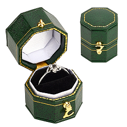 Темно-Зеленый Восьмиугольные картонные коробки для колец, Футляр для колец с бархатной внутренней отделкой и застежками из сплава., с квадратными коробками, темно-зеленый, восьмиугольник: 3.65x3x3.35см