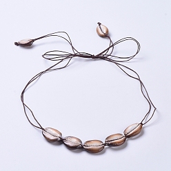 Coconut Brown Waxed Cotton Cord Bib Necklaces, with Natural Cowrie Shell Beads, Coconut Brown, 42.9 inch(109cm)