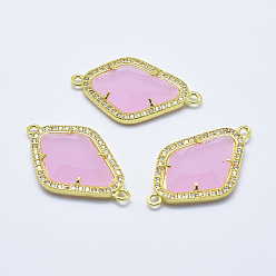 Pearl Pink Brass Micro Pave Cubic Zirconia Links, with Glass, Faceted, Rhombus, Golden, Pearl Pink, 33x20x5mm, Hole: 1.6mm