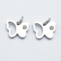 Нержавеющая Сталь Цвет 316 хирургические подвески из нержавеющей стали, с кубического циркония, бабочка, прозрачные, цвет нержавеющей стали, 9x11x2 мм, отверстие : 3 мм