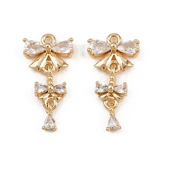 Настоящее золото 18K Латунные микро проложить кубического циркония подвески, бантом, реальный 18 k позолоченный, 21.5x11.5x3.5 мм, отверстие : 1.4 мм