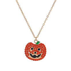 Hyacinth Halloween Alloy Rhinestone Enamel Pumpkin Pendant Necklaces for Unisex, Golden, Hyacinth, 17.72 inch(45cm)