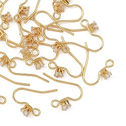 Real 18K Gold Plated SHEGRACE Brass Pave Cubic Zirconia Earring Findings, Ear Wire, Real 18K Gold Plated, 14x4.5mm, Hole: 2mm, Pin: 0.7mm