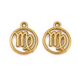 Virgo 304 Stainless Steel Pendants, Round with Twelve Zodiac Signs Charms, Ion Plating(IP), Cut-Out, Golden, Virgo, 19x15.5x2mm, Hole: 1.5mm
