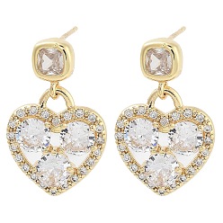 Light Gold Brass with Glass Dangle Stud Earrings, Heart, Light Gold, 23x14mm