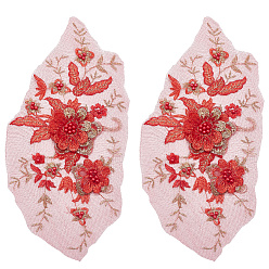 Красный Полиэстеровая компьютерная вышивка на ткани, пришивание аппликаций, с пластиковой бисера, цветок, красные, 275x142x5 мм