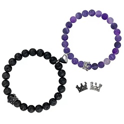 Смешанные камни 2 Комплект из нескольких браслетов из натуральных бусин из лавового камня и аметиста, выполненных из эластичной ткани., Набор парных браслетов из магнитного сплава с подвесками в виде сердца и короны., 6.30 дюйм (16 см) ~ 7.09 дюйм (18 см)