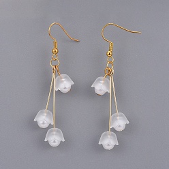 White Flower Transparent Acrylic Dangle Earrings, with Imitated Pearl Acrylic Beads and Brass Earring Hooks, Golden, White, 60~61mm, Pin: 0.6mm