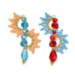 Mixed Color 2Pcs Glass Seed Beaded Arc Pendants, with Glass & Loop, Mixed Color, 55.5x31.5x8mm, Hole: 2.5mm