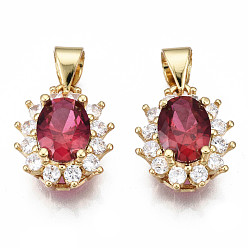 Красный Латунные микро проложить кубического циркония прелести, с латунной привязкой на поруки, овальные, реальный 18 k позолоченный, без никеля , красные, 14x11.5x7 мм, отверстие : 5x3.5 мм