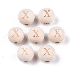 Letter X Unfinished Natural Wood European Beads, Large Hole Beads, Laser Engraved Pattern, Round with Word, Letter.X, 15~16x14~15mm, Hole: 4mm
