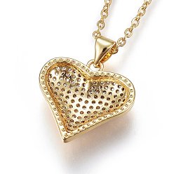 Golden 304 Stainless Steel Pendant Necklaces, with Cubic Zirconia, Heart, Clear, Golden, 17.71 inch(45cm)