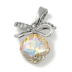 Платина Латунные микро проложить кубического циркония прелести, без кадмия, без никеля и без свинца, фурнитура со стразами, ромб с bowknot, платина, 13x13x6 мм, отверстие : 4x2 мм