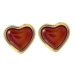 Настоящее золото 18K 304 серьги-гвоздики из нержавеющей стали с красным агатом, сердце, реальный 18 k позолоченный, 25.5x12 мм