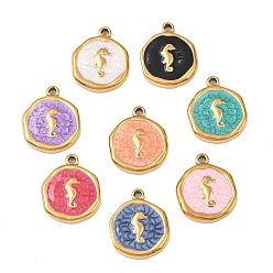 Sea Horse 304 нержавеющей стальной эмали подвески, плоско-круглые, золотые, морской конек, 15.5~16.5x13.5x2.5 мм, отверстие : 1.2~1.4 мм