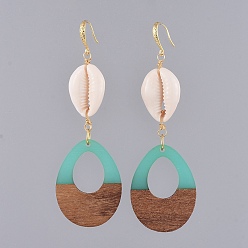 Pale Turquoise Dangle Earrings, with Resin & Wood Pendants, Cowrie Shell, Golden Plated Brass Earring Hooks, Copper Wire and Cardboard Packing Box, Teardrop, Pale Turquoise, 90mm, Pin: 0.7x1mm