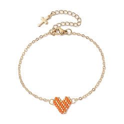Оранжевый Стеклянные бусины браслеты в форме сердца, браслеты-цепочки из латуни для женщин, золотые, оранжевые, 7-1/4 дюйм (18.4 см)