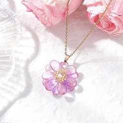 Фиолетовый Стекло ожерелья шкентеля, с бусинами из ракушек и 304 цепочкой из нержавеющей стали, ожерелье для женщин, цветок, фиолетовые, 17.68 дюйм (44.9 см)