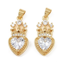 Настоящее золото 18K Латунные микропаве прозрачные подвески с фианитом, без кадмия и без свинца, сердце, реальный 18 k позолоченный, 25x12x6 мм, отверстие : 4x3.5 мм