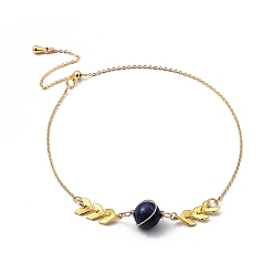 Lapis Lazuli Adjustable Brass Slider Bracelets, with Natural Lapis Lazuli(Dyed) Beads and Cable Chains, Real 18K Gold Plated, Inner Diameter: 3 inch(7.6cm)