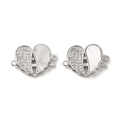 Shell Brass Micro Pave Clear Cubic Zirconia Connector Charms, with Shell, Heart Shaped Wing Links, Real Platinum Plated, 12x17.5x3.5mm, Hole: 1mm