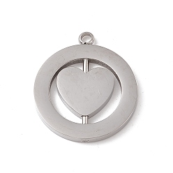 Stainless Steel Color Non-Tarnish 304 Stainless Steel Turnable Pendants, Hollow, Flat Round with Heart Charm, Stainless Steel Color, 28x24.5x2mm, Hole: 2.5mm