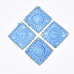 Темно-Голубой Поликоттон (полиэстер хлопок) тканые подвесные украшения, с латунной фурнитурой , квадрат с плоской раунде, золотой свет, глубокое синее небо, 30x30x1 мм