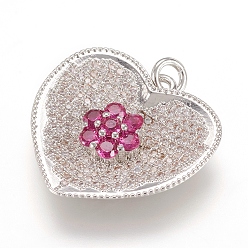 Real Platinum Plated Brass Micro Pave Cubic Zirconia Pendants, Real Platinum Plated, Heart, 22x23.5x5mm, Hole: 3mm