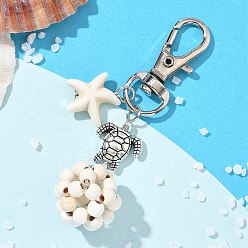 Белый Подвесные украшения из морской звезды и круглой синтетической бирюзы, с бусинами из сплава в тибетском стиле в виде черепахи и поворотными застежками-лобстерами, белые, 68 мм
