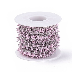Розовый Ручной цепи эмаль бисера, с латунной обуздать цепей, пайки, с катушкой, долговечный, Реальная платина, туманная роза, 5.5x1.5~2 мм, около 32.8 футов (10 м) / рулон