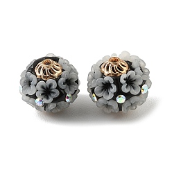 Black Handmade Polymer Clay Indonesia Beads, with Alloy & Resin & Crystal AB Rhinestone, Round with Flower, Light Gold, Black, 17.5x16.5mm, Hole: 2mm