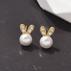 Золотой 925 серьги-гвоздики из стерлингового серебра с микропаве из прозрачных кубических цирконий для женщин, с ABS имитации жемчуга, кролик, золотые, 10x7 мм