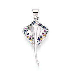 Платина Латунные микро проложить кубического циркония подвески, амулеты манта скат, платина, 28.5x14x2.5 мм, отверстие : 3.5x5~5.5 мм